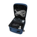 Portable oxygen concentrator and accessories in a blue travel carry bag