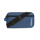 Blue rectangular shoulder carry bag with black adjustable strap and front zipper pocket