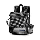 Black and white polka dot backpack for portable oxygen concentrator, front mesh pocket visible