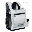 White oxygen concentrator backpack with front zipper pocket, mesh side pocket, and tubing.