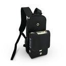 Black portable oxygen concentrator backpack with front mesh pocket and ventilation grommets