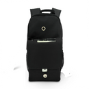 Black backpack for portable oxygen concentrator with mesh side pockets and front flap