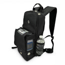 Black backpack for portable oxygen concentrator, side mesh pocket with water bottle, front display window