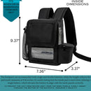 Black backpack with mesh pockets, shown with dimensions 9.37 x 7.36 x 3.37 inches, designed for Inogen One G5 and Rove 6 portable oxygen concentrators.