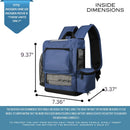Blue backpack for Inogen One G5 and Inogen Rove 6 with mesh panels, inside dimensions labeled