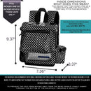Black and white polka dot backpack with dimensions for Inogen One G5 and Inogen Rove 6.