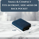 Compact navy blue accessory case with zipper, sized 4.25 x 3 x 0.65 inches on marble surface