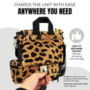Leopard print Inogen carry bag with easy access charging port, hand plugging in charger