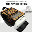 Leopard print carry bag for portable oxygen concentrator with zippered bottom for battery change