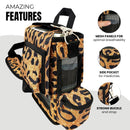 Leopard print carry bag for Inogen One G3 with mesh panels, side pocket, sturdy buckle and strap.