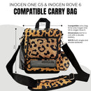 Leopard print carry bag for Inogen One G5 and Rove 6, with adjustable strap and front pocket.
