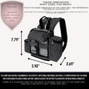 Black and white polka dot OxyGo Fit portable oxygen concentrator carry bag with size dimensions shown.