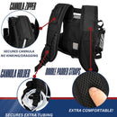 Black Inogen oxygen backpack with padded straps, cannula zipper, and tubing holder features.