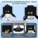 Black backpack for Caire Freestyle Comfort portable oxygen concentrator with zippered bottom for quick battery swaps, clear viewing window, and adjustable straps.