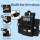 Black oxygen concentrator backpack with mesh panels, battery compartment, and side pockets, shown on a blue background.