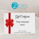Gift certificate with red ribbon and bow, blank amount, on textured paper background.