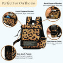 Leopard print oxygen backpack with multiple zippered and mesh pockets for phone, keys, small items.