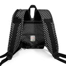 Black and white polka dot oxygen concentrator backpack with padded straps