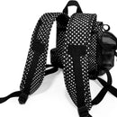 Black polka dot backpack with padded straps and mesh side pocket, for oxygen concentrator