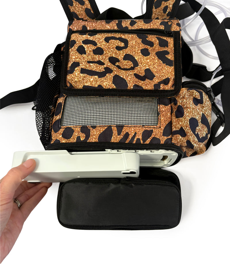 o2totes Inogen One G5 & Inogen Rove 6 Lightweight Backpack in custom Leopard Print; Slim, lightweight design - O2TOTES