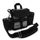 Black portable oxygen concentrator carry bag with mesh front, adjustable strap, and zippered pockets.