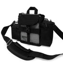 Black carry bag with adjustable shoulder strap, mesh front panel, and zippered pockets for portable oxygen concentrator.
