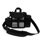 Black portable oxygen concentrator carry bag with mesh front and padded shoulder strap