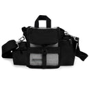Black portable oxygen concentrator carry bag with mesh front, pockets, and shoulder strap