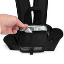 Hand accessing Inogen oxygen concentrator through clear zip pocket in black backpack