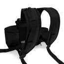 Black oxygen concentrator backpack with padded adjustable shoulder straps and zippered pockets