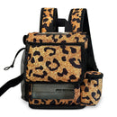 Leopard print Inogen portable oxygen concentrator backpack with mesh pocket and zippered pouch.