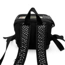 Black and white polka dot Inogen One G3 backpack with padded straps and top handle