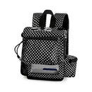 Black and white polka dot backpack for portable oxygen concentrator with zippered pockets