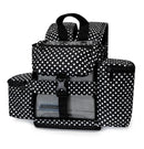Black and white polka dot portable oxygen concentrator backpack with side pockets