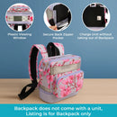 Floral oxygen concentrator backpack with clear viewing window, zipper pocket, and charging port.