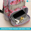 Floral oxygen concentrator backpack front pocket holding nasal cannula, phone, and keys