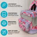 Floral pink lightweight backpack with mesh, adjustable straps, and easy-clean front pocket.