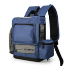 Navy blue portable oxygen concentrator backpack with mesh panels and zippered pockets