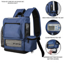 Blue backpack for portable oxygen concentrator with mesh panels, clear top, and zippered battery access.