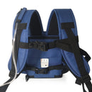 Navy blue portable oxygen concentrator backpack with padded straps and tubing holder.