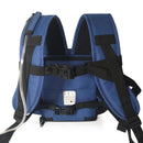 Navy blue portable oxygen concentrator backpack with padded straps and secure buckles.
