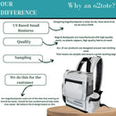 Light gray oxygen backpack for portable concentrators on wood stand, highlights quality and comfort features.