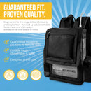 Black backpack for Inogen One G5 or OxyGo Next portable oxygen concentrator, mesh front pocket, tube attachment, blue background.