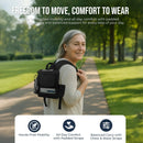 Woman outdoors wearing a backpack for portable oxygen concentrator, using nasal cannula