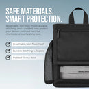 Black mesh backpack for portable oxygen concentrator with breathable mesh and padded base.