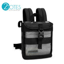 Black mesh oxygen concentrator backpack with padded straps and front buckle, designed for portable respiratory devices.