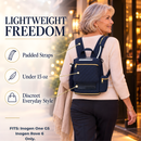 Lightweight Inogen Rove 6 Backpack by o2totes/Navy Quilted Fabric, breathable mesh panels, padded straps, zippered bottom