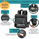 Polka dot oxygen concentrator backpack for Inogen One G5 and Rove 6, showing mesh panels, clear top, and multiple zippered pockets.