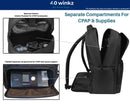 Black CPAP backpack with padded compartments and interior pockets for respiratory accessories.