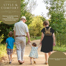 Woman walking outdoors with family, wearing leopard print Inogen One G5 backpack carrier